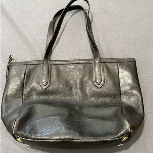 Fossil Purse Black Large Leather Tote Bag Zipper With Pockets